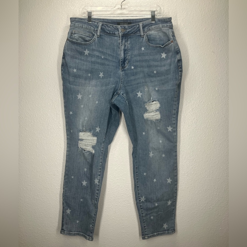 Judy Blue Mid Rise Star Pattern Distressed Denim Boyfriend Fit Jeans 18W